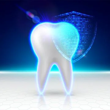 White tooth protected by glowing digital shield. Anti-caries protection 스톡 일러스트