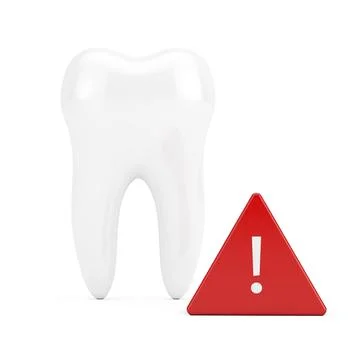 White Tooth with Red Triangle Exclamation Mark. 3d Rendering Illustrazione stock