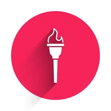 White Torch flame icon isolated with long shadow. Symbol fire hot, flame power Ilustração Stock