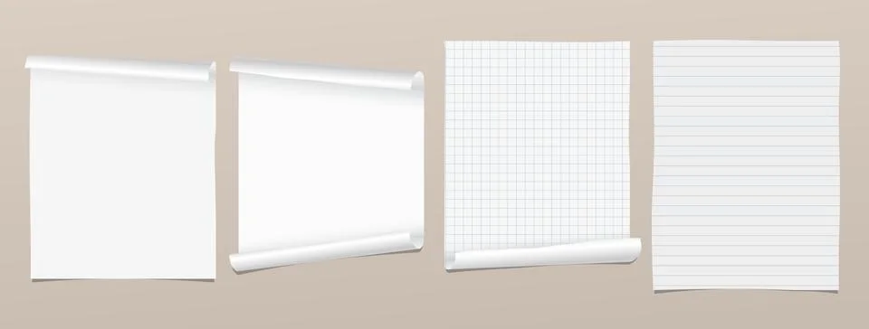 White torn, lined and blank note, notebook paper are on light brown background Illustrazione stock
