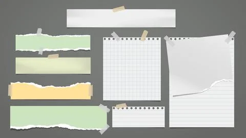 White torn, lined and green note, notebook paper are on dark grey background for Stock Illustration