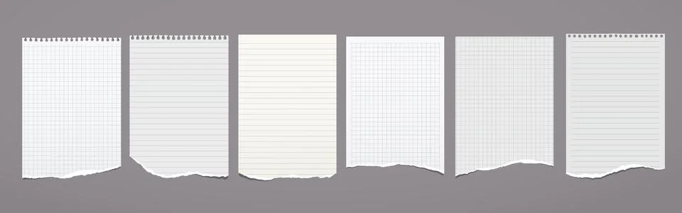 White torn, lined and squared note, notebook paper are on dark grey background Stock Illustration