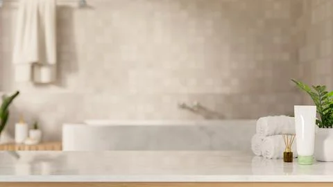 White towel with diffuser and cleanser tube on marble counter table across .. Stock Illustration
