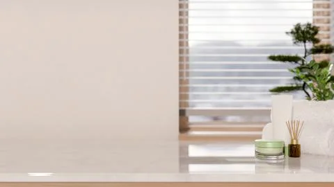 White towel with diffuser and cream jar on marble counter table across wind.. Stock Illustration