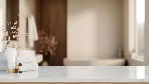 White towel with diffuser and skincare on shiny marble counter table across.. Stock Illustration