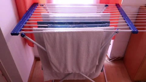 White Towels Clothes Drying Hanging Airing Laundry Rack Home Domestic Life Stock Footage 308137599