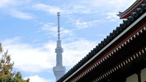 A white tower on the back of the temple in Senso-ji in Tokyo Japan Stock Footage 121381503