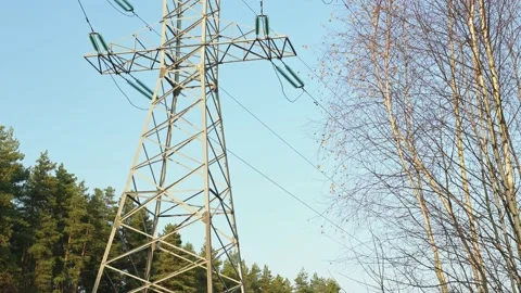 A white tower of power lines stands in the middle of a evergreen forest Stock Footage 142088960