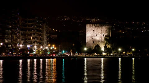 White Tower of Thessaloniki, Night View - Timelapse HD Video Stock Footage 24788825
