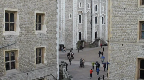 White Tower tilt up inside London Tower from outside wall Stock Footage 33444000