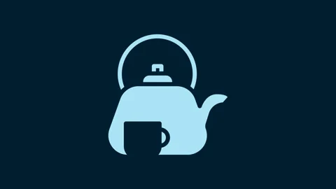 White Traditional tea ceremony icon isolated on blue background. Teapot with cup Stock Footage 230056981