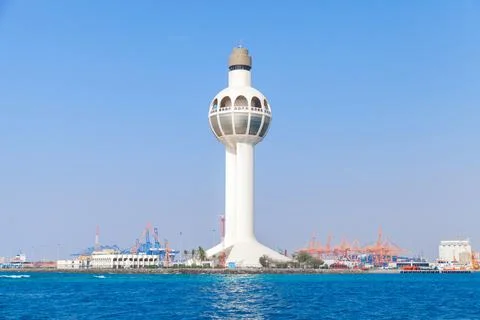 White traffic control tower as a main landmark Stock Photos