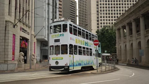 White Tram, Queens Road, Central, Hong Kong Stock Footage 232787663