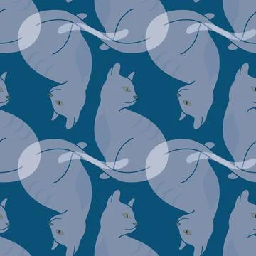 White translucent cat seamless pattern on blue background Stock Illustration