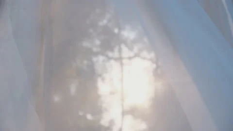 White transparent curtain fabric in wind blowing with sunshine Stock Footage