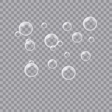 White transparent soap bubbles isolated on transparent background in minima.. Stock-Illustration