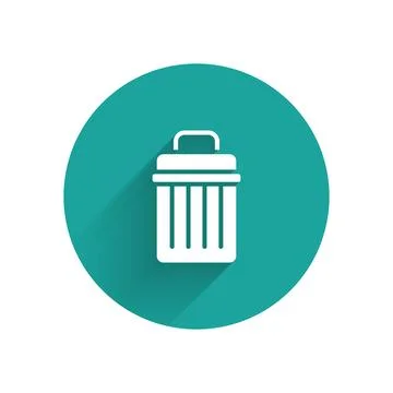 White Trash can icon isolated with long shadow. Garbage bin sign. Recycle b.. Stock Illustration