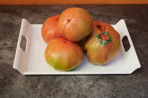 A white tray with four tomatoes on it Stock Photos
