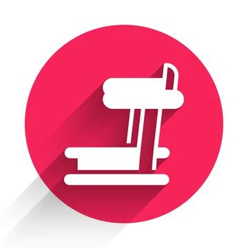 White Treadmill machine icon isolated with long shadow. Red circle button Stock Illustration