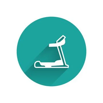 White Treadmill machine icon isolated with long shadow. Green circle button Stock Illustration