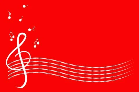 White treble clef, falling notes and stave on red background copy space Stock Illustration