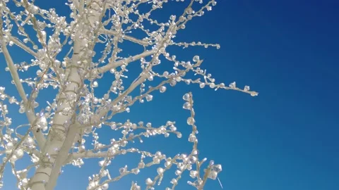 The white tree decorated with crystals and lights against the blue sky. Stock Footage 234793660