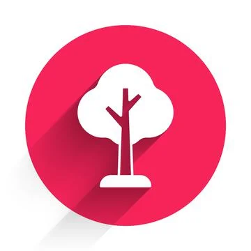 White Tree icon isolated with long shadow. Forest symbol. Red circle button Stock Illustration