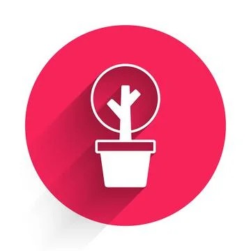 White Tree icon isolated with long shadow. Forest symbol. Red circle button Stock Illustration
