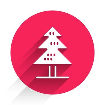 White Tree icon isolated with long shadow background. Forest symbol. Red circle 스톡 일러스트