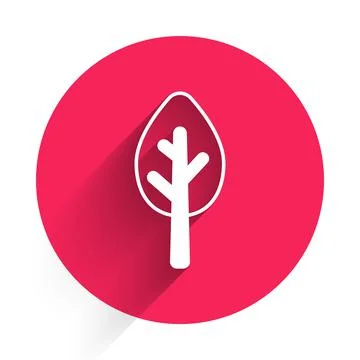 White Tree icon isolated with long shadow. Forest symbol. Red circle button Stock Illustration