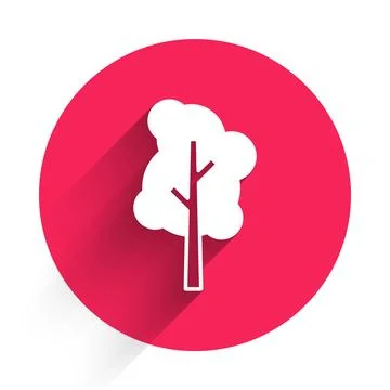 White Tree icon isolated with long shadow background. Forest symbol. Red circle Stock Illustration