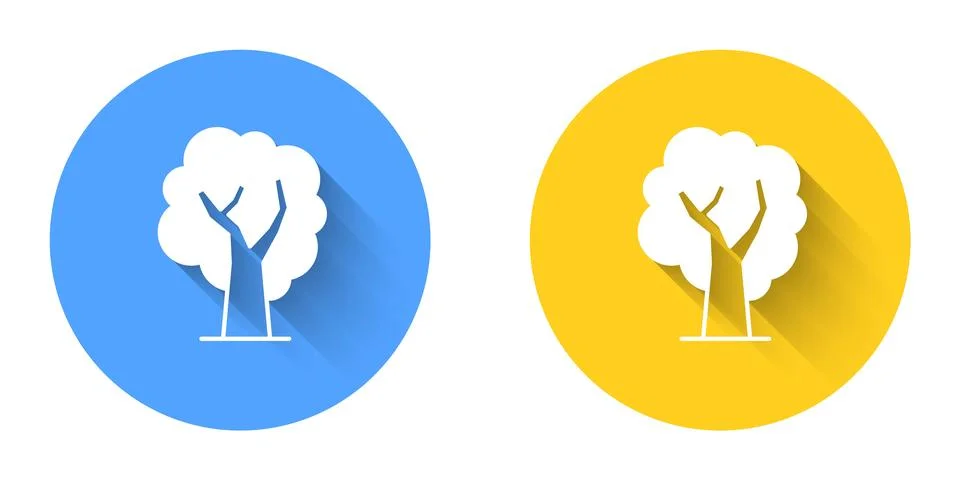White Tree icon isolated with long shadow background. Forest symbol. Circle.. Stock Illustration