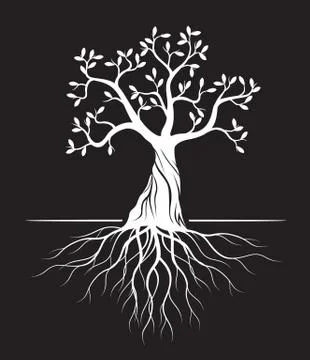 White Tree with Leaves on black background. Vector outline Illustration. Plant. Illustrazione stock