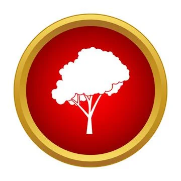 White tree silhouette on red round icon with gold border Ilustração Stock