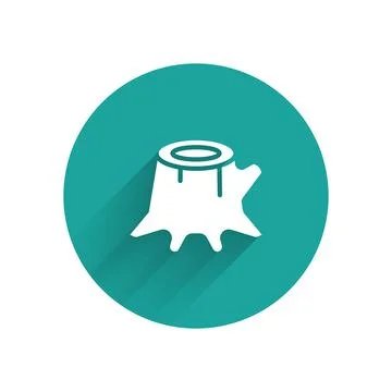 White Tree stump icon isolated with long shadow. Green circle button. Vector Stock Illustration