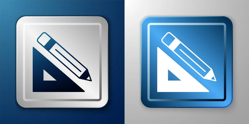 White Triangular ruler and pencil icon isolated on blue and grey background Stock Illustration