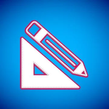 White Triangular ruler and pencil icon isolated on blue background. Straightedge Illustrazione stock
