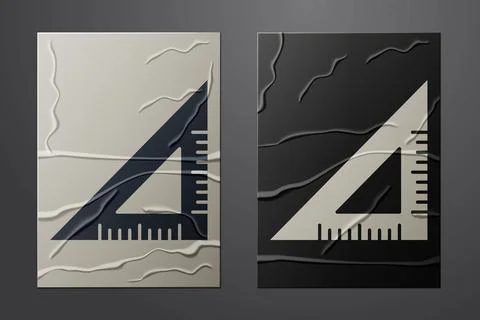 White Triangular ruler icon isolated on crumpled paper background. Straightedge Stock Illustration