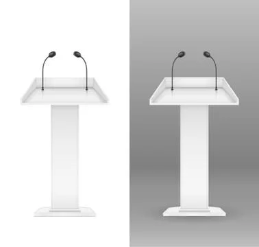 White tribune with microphone for speaker. Vector illustration. Stock Illustration