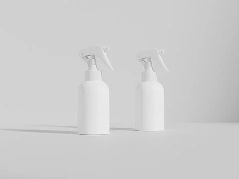 White Trigger spray bottle mockup, cylindrical PET plastic sprayer packaging Stock Illustration