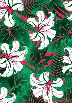 White tropical flowers with green leaves and red background Stock Illustration