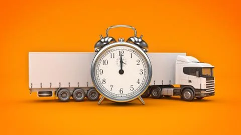 White truck with clock. 3D rendering Stock Illustration