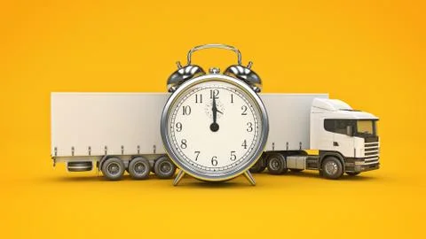 White truck with clock. 3D rendering Stock Illustration