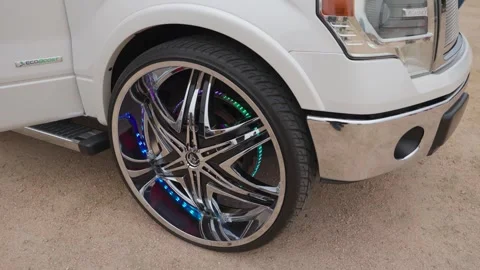 White Truck Custom Chrome Rim LED Wheel Lights Austin Texas 441 Stock Footage 320790860