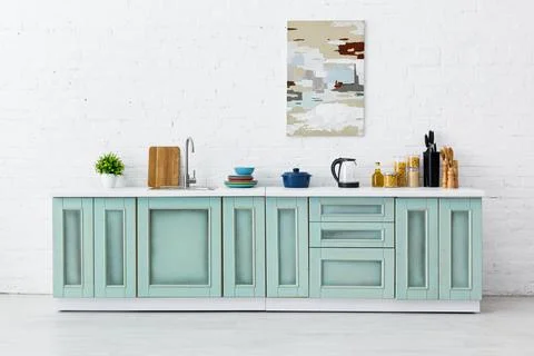 White turquoise kitchen interior kitchenware Stock Photos