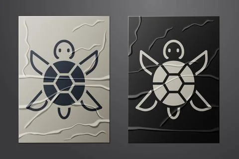 White Turtle icon isolated on crumpled paper background. Paper art style. Vector Stock Illustration