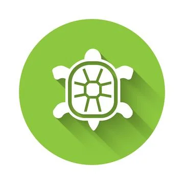 White Turtle icon isolated with long shadow. Green circle button. Vector Stock Illustration