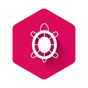 White Turtle icon isolated with long shadow background. Pink hexagon button.  Stock Illustration