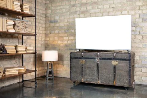 White TV screen to insert retro style interior image on a chest Stock-Fotos