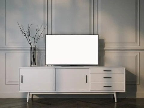 White tv stand with flat LCD television. 3d rendering Stock Photos